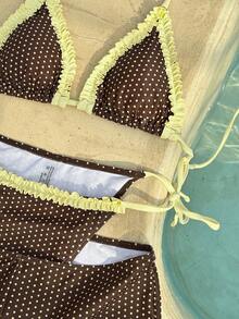 Sultry Sol 3pcs Women Bikini Swimwear, Casual Polka Dot Pattern Beach Swimwear, Brown & Yellow Shorts, Fashionable For Outdoor, Fitness, Daily Wear, Y2K, 2000s - Brown - View 3