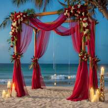 2片酒红色涤纶薄纱窗帘，婚礼薄纱窗帘，雪纺窗帘，适用于婚礼拱门，75*300厘米/75*600厘米悬挂式薄纱窗帘，用途广泛，可用于婚礼派对装饰、订婚派对背景、房间装饰、婚礼拱门楼梯椅装饰、情人节装饰，柔软易挂 - 酒紅色 - 查看 4