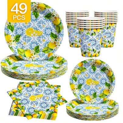 8pcs Lemon Porcelain Pattern Disposable Plates, Napkins, Cups - One-Time Party Supplies Set, Suitable For 8 Guests, Disposable Paper Plates Party Tableware For Birthday, Wedding, Theme Party, Family Picnic