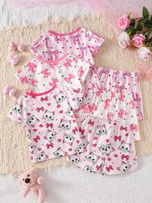 3 Sets (6pcs) Girls & Toddlers Casual Cat, Bow, Star, Heart Pattern Soft & Comfortable Flame Retardant Knit Fabric Short Sleeve T-Shirt And Shorts Pajama Sets, Suitable For Spring/Summer Wear - Multicolor - View 2