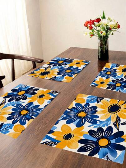 4 Piezas de Manteles Individuales de Primavera y Verano con Tulipanes Rosados, Azules y Naranjas en Estilo Acuarela para Decoración Rústica del Hogar y Cocina