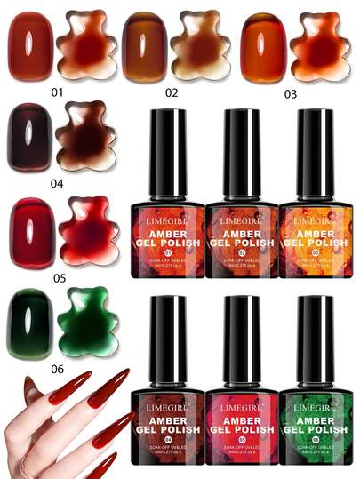 LIMEGIRL 6pcs Highly Transparent Amber Brown Gel Nail Polish Set, Amber Gel Nail Polish, Jelly Color Gel Nail Polish Set, Removable UV/LED Gel Nail Polish, UV LED Autumn/Winter Popular Semi-Permanent Gel Nail Polish, Transparent Nail Salon Soak-Off Home Use