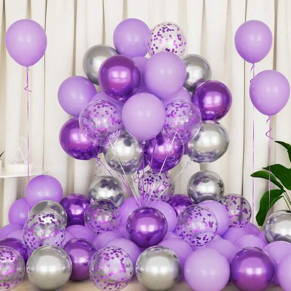 Paarse zilveren ballonnen, 50 stuks 10 inch metallic zilver paars met aluminiumfolie paillettenballon voor verjaardag, bruidsshower, bruiloft, jubileum, vrijgezellenfeest decoraties