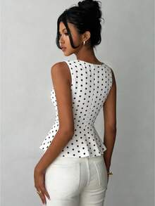 1 pieza Camiseta de mujer de cuello redondo con estampado de lunares tejidos, adecuada para vacaciones y casual de verano blanco - Blanco - Ver 5