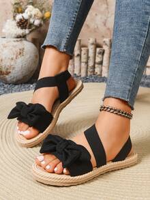 女士弹力带优雅轻便宽楦平底凉鞋，蝴蝶结装饰，舒适不疲劳，适合户外、晚宴、海滩、度假、休闲等场合，百搭平底凉鞋 - 黑色 - 查看 6