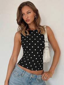 Hugcitar, camiseta sin mangas corta ajustada con estampado de lunares a la moda para mujer, ropa femenina de verano, ropa de calle para fiesta de vacaciones en la playa - Marrón - Ver 11