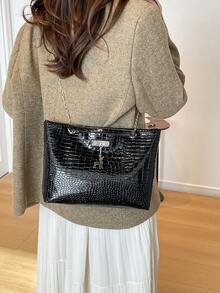 Túi xách nhỏ họa tiết da cá sấu cổ điển, trang trí hình hươu bằng kim loại, túi đeo vai thời trang nữ, túi xách tay kiểu mới, túi tote retro, thiết kế dành cho nữ. - màu đen - Xem 6