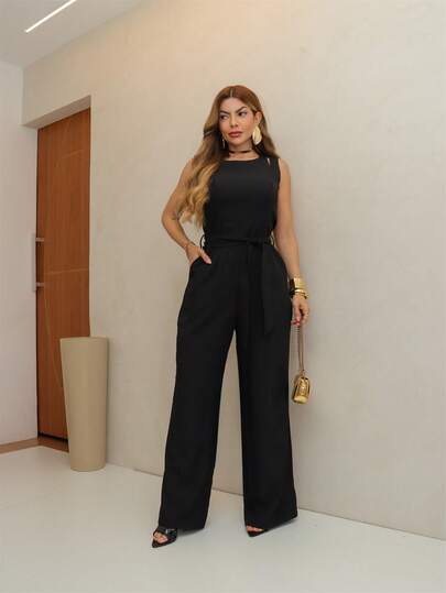 Macacão Feminino Pantalona com Cinto Faixa Elegante Cintura Marcada Moda Feminina Gloria W&Y