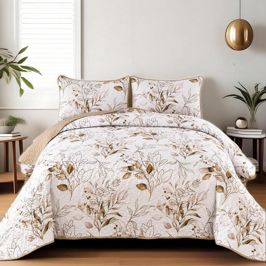 DJY 3 Pieces Queen King Size Gradient Aqua Flower Pattern Bedspread Coverlet For All Season,Soft Lightweight Microfiber Bedding Set,Wedding Items,Valentines Day Home Bed Room Decor,Easter Gifts,Mothers Day Gift,All Season - 棕色 - 查看 1