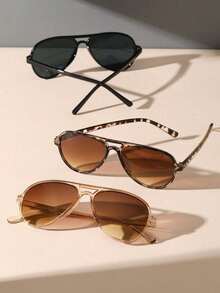 3pcs Plastic Leopard Full Frame Multicolor Advanced Sense Unique Double Beam Design Aviator Exaggeration Personalized All-Match Women Fashion Glasses For Street-Photography Carnival Aesthetic Tropical Beach Vacay Club Family Outings Summer Accessories Suitable For All Face Shapes - Multicolor - View 3