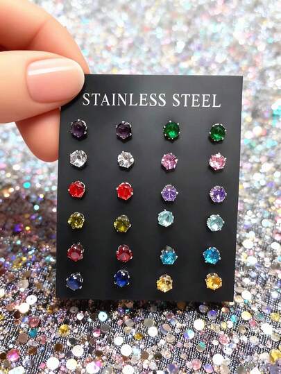 24pcs Fashionable Personalized Zirconia Stud Earrings Set, Colorful Zirconia Mini Stud Earrings, Delicate Small Ear Bone Studs, Unisex Sleeping Wear Earrings, Round 6-Claw Colorful Zirconia Stud Earrings