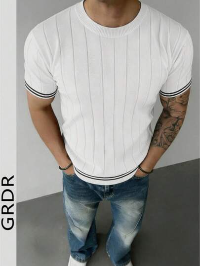  GRDR 男士圆领简约罗纹针织短袖T恤 - 休闲日常穿着