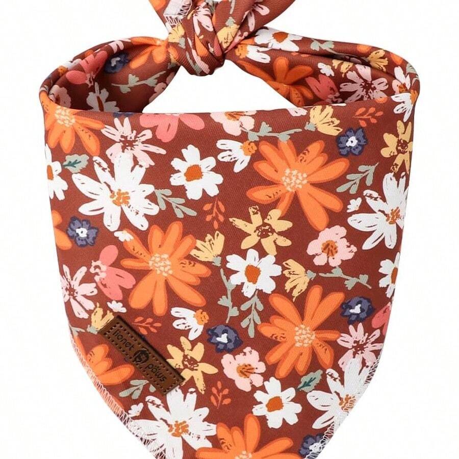 Autumn Dog Bandana Washable Cotton Handkerchief Scarf With Floral Print For Medium Large Dogs - 棕色花朵 - 查看 1