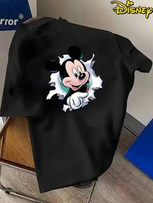 Men's Leisure Disney Mickey Mouse Printed T-Shirt-Black Gold Stripe Design, Comfortable Polyester Round Neck T-Shirt, Suitable For Everyday Street Wear, Necessary In Summer. - 黑色 - 查看 1