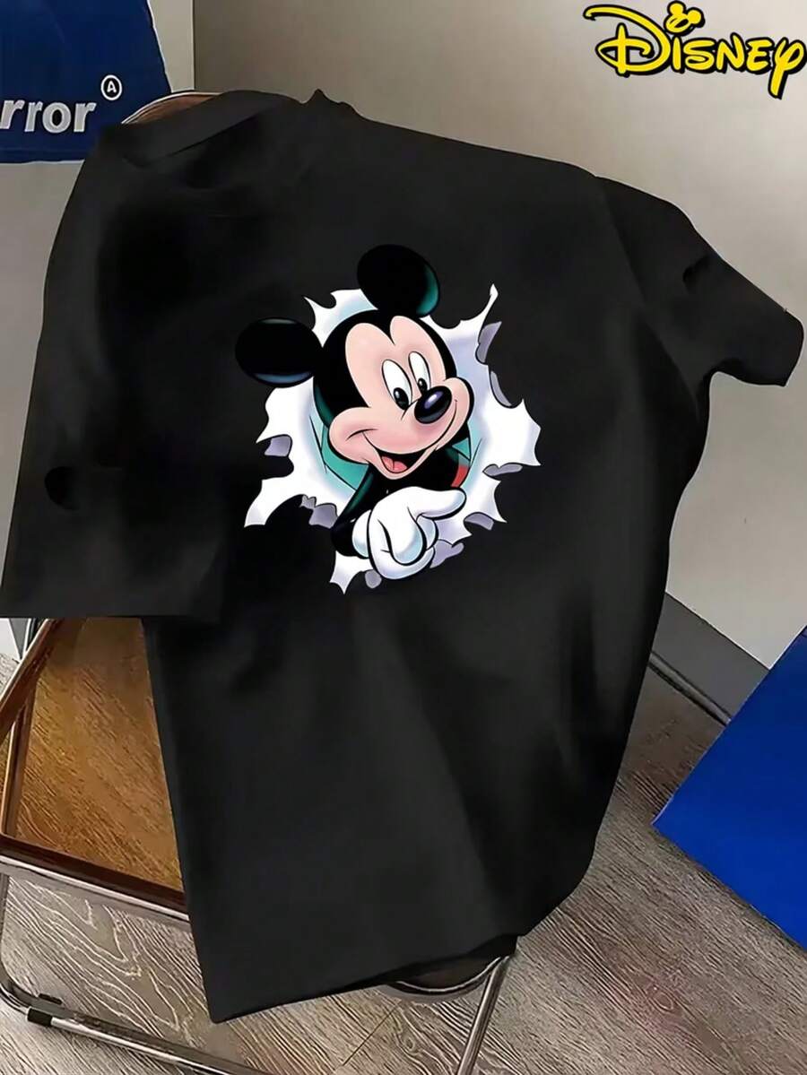 Men's Leisure Disney Mickey Mouse Printed T-Shirt-Black Gold Stripe Design, Comfortable Polyester Round Neck T-Shirt, Suitable For Everyday Street Wear, Necessary In Summer. - 黑色 - 查看 1