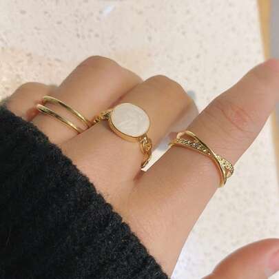 RINTOLER 3件套时尚双层水钻黑色滴油戒指套装，不可调节金属开口戒指，百搭配饰，适合女性，女友礼物（不可调节款式）（由于拍摄光线和角度原因，实物与图片可能存在轻微色差。）