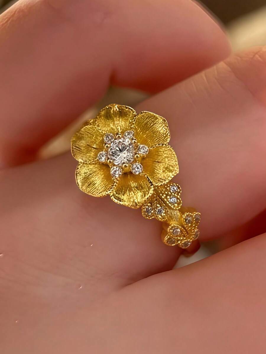 18K Gold Plated Hammered Crabapple Flower Adjustable Zirconia Ring, French Style Jewelry For Women - Gold - View 1