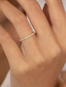 1枚简约扁平开口925纯银女士结婚戒指，优雅精致立方氧化锆戒指，结婚首饰，情侣订婚承诺戒指礼物 - 金色 - 查看 5