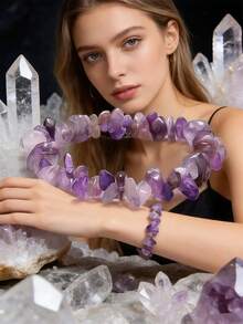 2 piezas Pulsera y colgante de collar de cuarzo amatista, pulsera de piedras de guijarro púrpura - Morado - Ver 14