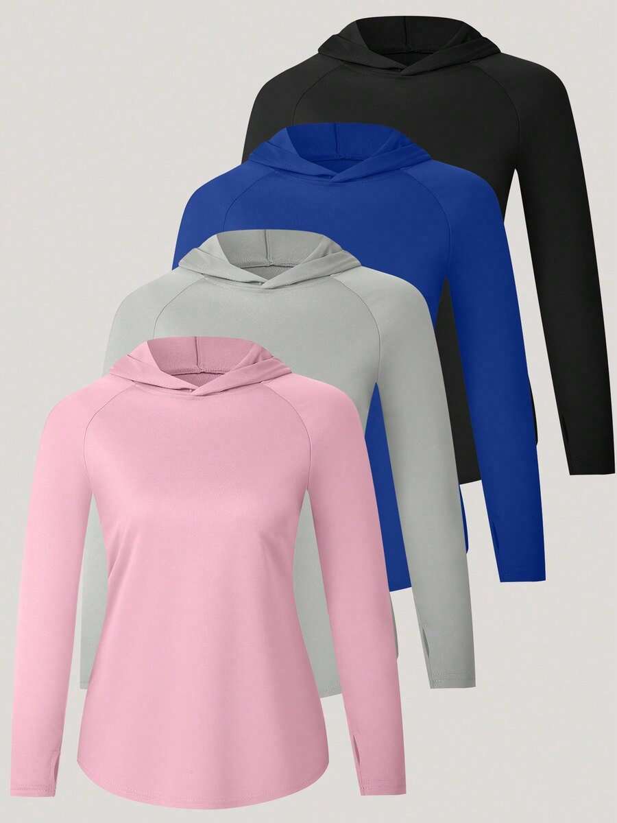 4 Pieces Of Women's Sun Protection Hoodies, Hooded UV Resistant Long Sleeved T-Shirts, Quick Drying Lightweight Sun Protection Hoodies, Breathable And Elastic Hiking Shirts, Long Sleeved Running And Outdoor Exercise Shirts,100% Polyester - 彩色 - 查看 1