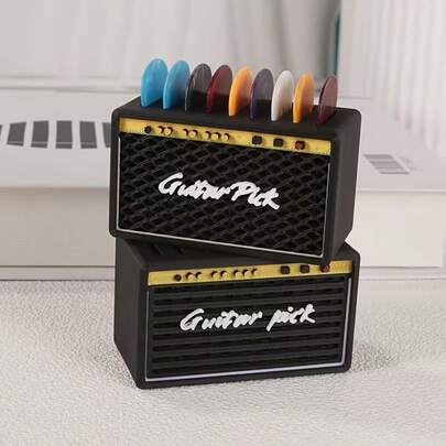 6pcs Guitar Pick Holder Case + 5pcs Guitar Picks, [Random Color Picks], 0.96mm Thickness, Vintage Amplifier Design Multi-Compartment Organizer Box, Portable Durable Plastic Material Suitable For Guitar/Bass/Ukulele Picks - Essential Accessory For Guitarists