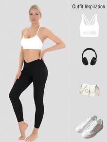 Women's V-Shaped Cross High Waisted Pocket Yoga Pants, Women's Sports Leggings, Soft And High Elasticity Pocket Leggings, Suitable For All Season Sports Leggings, Gym Work Pants, Hip Lifting Sports Leggings, Weight Loss Running, Cycling, Yoga - màu đen - Xem 5