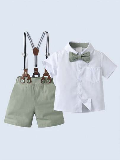 BOARNSEORL 2pcs Young Boys Gentleman Outfit: Short Sleeve Collared Shirt With Bowknot And Suspender Shorts, Fashionable And Stylish For Birthday Party, Wedding, Formal Occasions
