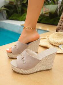 女士时尚休闲坡跟凉鞋，金色搭扣编织拖鞋，厚底高跟鞋，适合日常、度假、通勤、派对等场合穿着（尺码偏小一码） - 杏色 - 查看 5