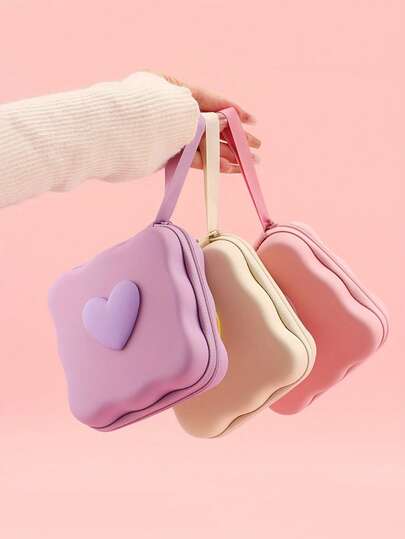 1 pieza Monedero con forma de corazón para macarons, bolsa de maquillaje con cremallera antideslizante, bolsa de almacenamiento/organizador de accesorios (adecuada para cables de datos, auriculares, monedas, etc.)