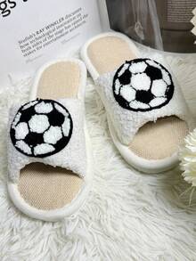 Unisex Football Pattern Embroidered Open Toe Flat Slippers, Soft Plush Non-Slip House Slippers, Spring/Summer - White - View 5