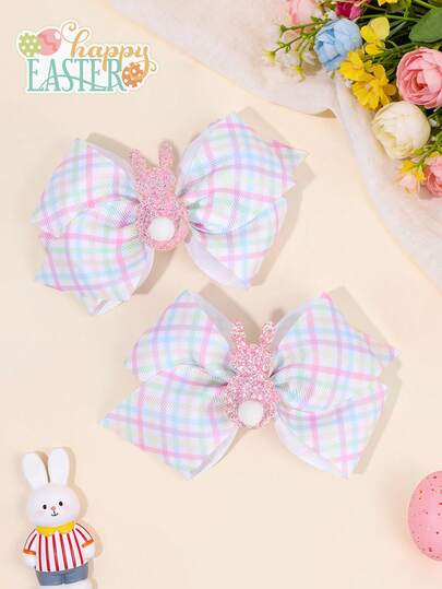 2个复活节兔子装饰发夹，适合女孩，粉彩格子蝴蝶结鳄鱼夹，可爱兔子发夹，闪亮发卡，可爱复活节发卡，发饰