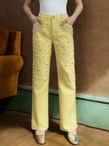 Women's Yellow Beaded Straight-Leg Jeans, Fashionable Slim Fit Versatile Style Casual Spring - Yellow - View 8