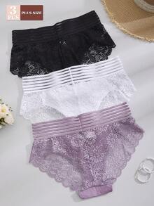 FOVTY 3pcs/Pack Solid Color Lace Trim Elastic Plus Size Women Panties - Multicolor - View 2