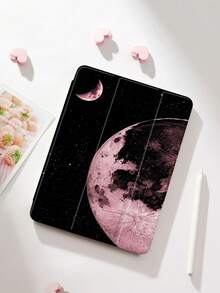 1pc Pink Sun & Moon Pattern Tablet Protective Case, Tri-Fold Stand, Anti-Drop, Pencil Slot, Sleep/Wake Support, Compatible With 10.2", Pro 2021/2020 11", (A16) 11" 11th Gen 2025/10th, Galaxy Tab A8 10.5" 2022, Matepad 10.4"/Tab, Ramadan, Eid Al-Fitr Gift - Multicolor - View 3