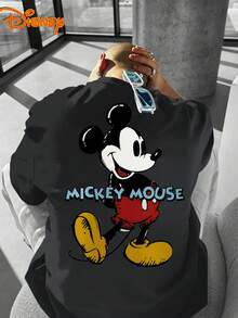 Disney Men's T-Shirt With Mickey Mouse Cartoon Pattern Printed On The Front And Back, Fashionable, Soft And Comfortable Cotton T-Shirt, Retro Street Feel - màu đen - Xem 2