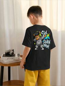 Tween Boys Casual Printed Crew Neck Short Sleeve T-Shirt, Summer Top - Black - View 2