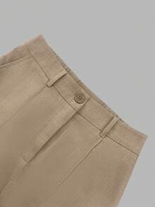 ANCHOSE Women's Khaki Short Turndown Collar Button Cuff Shirt + High Waist Elastic Waist Wide Leg Pants Set, Minimalist Casual Commuter Style, Spring/Summer - Khaki - View 4