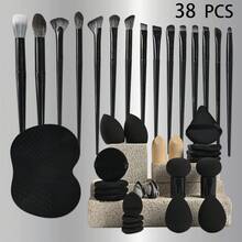 38件套黑色化妆刷套装，专业化妆工具，包含化妆海绵、粉扑、硅胶化妆刷清洁垫、粉底刷、眼影刷、晕染刷、眉刷 - 黑色 - 查看 12