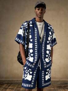 AICJ 2 pièces Ensemble de pyjama à imprimé floral pour hommes - Chemise à manches courtes avec col et poches, Short à cordon de serrage, Tissu en maille, Printemps/Été, Vacances/Plage, Cadeau d'anniversaire pour petit ami - Bleu marine - Voir 7