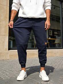 Men's All-Season Sports Jogging Pants With Adjustable Drawstring, Side Pockets And Patch Logo Design, Suitable For Gym And Running - Navy Blue - View 3