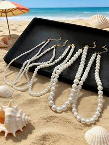 1pc 4m-12m Vintage French Style Pearl Necklace, Simple Choker Necklace With Random Pearl Quantity - White - View 3