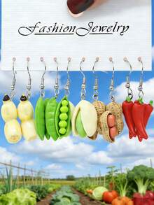 10pcs/30pcs New Crossborder Dopamine Realistic Vegetable Series Resin Earring Set - Funny & Cute Pumpkin, Ginger, Eggplant, Pea, Peanut Earrings, Women Accessories - Multicolor - View 9