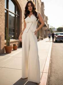 Elegant Women's Solid Color Front Button Sleeveless V-Neck Waist Suit Set, Suitable For Commuting, Vacation, Business, And Casual Daily Wear, Spring/Summer - Apricot - View 4