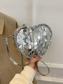 情人节畅销亮片心形晚宴包 | 法式链条手拿包 | 单肩斜挎两用 | 带卡位 | 母亲节礼物 - 銀色 - 查看 9