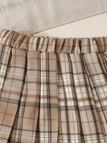 Baby Girls' Fashion Casual Cute Set, Bow Bear Patch Lapel Simple Top + Pleated Patch Skirt - Brown - View 9