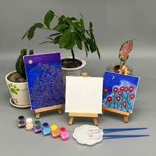 15*15cm Mini Wooden Easel With Oil Painting Frame, Canvas, Painting Set, Includes Easel, Canvas, Paints, Brushes - Mini DIY Painting Kit For Children - Sets - View 3