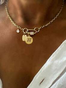 1 chiếc vòng cổ chữ cái mạ vàng sang trọng STYLEVER, mặt dây chuyền 26 chữ cái từ A-Z đính đá lấp lánh, dây chuyền thép không gỉ, món quà thanh lịch dành cho phụ nữ, thích hợp cho các bữa tiệc. - Vàng - Xem 17