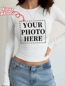 Women's Custom Long Sleeve T-Shirts - Add Your Design/Photo, Custom Printed Fitted T-Shirts, Autumn/Winter Tops Customization, Custom Patterns, Perfect For Anniversaries, Birthdays, Holidays, Etc. Custom T-Shirts, Women's Tops, Custom Printed T-Shirts, Women's Long Sleeve T-Shirts, Tops Spring - White - View 1