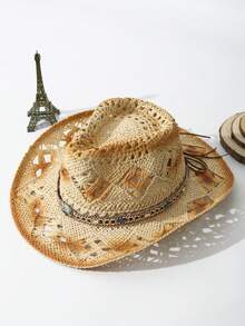1Pc Unisex Colored Stones Decor Dyeing Printed Cowgirl Hat Summer Travel Shade Breathable With Beaded Trim Band Hand Woven Hollow Out Wide Brim Handmade Boho Cowboy Hat Beach Hat Sun Hat Straw Hat - Màu be - Xem 3