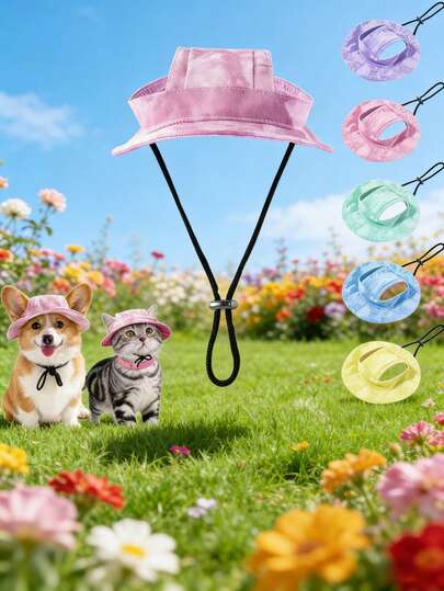 Adjustable Pet Fisherman Hat - Ear Exposed Anti-Fall Design, Cat Dog Sunscreen Hat, Suitable For Small, Medium And Large Pets, Pet Clothing Accessories, Photography Props, Pet Supplies; Solid Color Polka Dot Mixed Color Pattern Small Dog Cat Collar Bow Tie Accessories